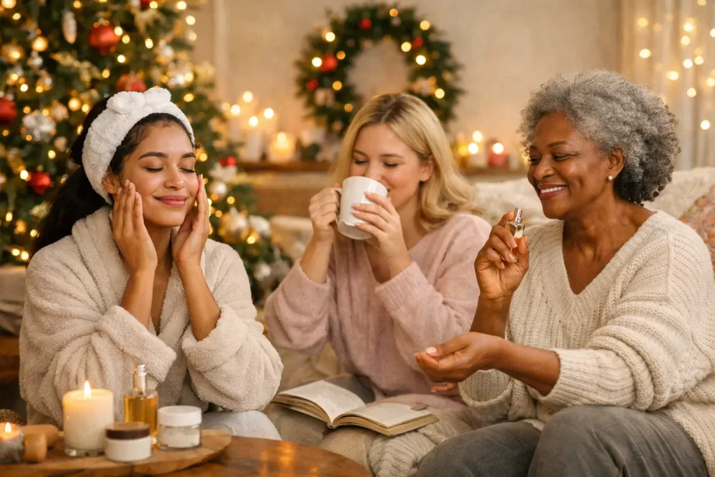 Três mulheres sorrindo em uma sala decorada para o Natal, brindando e cuidando da beleza em um clima de fim de ano aconchegante.