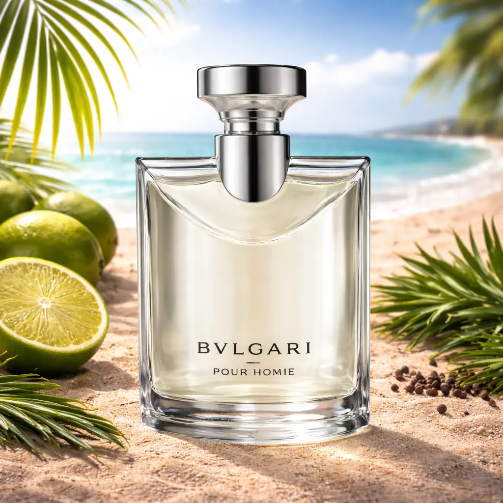 Bvlgari Pour Homme em cenário de verão com notas cítricas e aromáticas, representando perfumes para o verão 2026 leves e sofisticados.