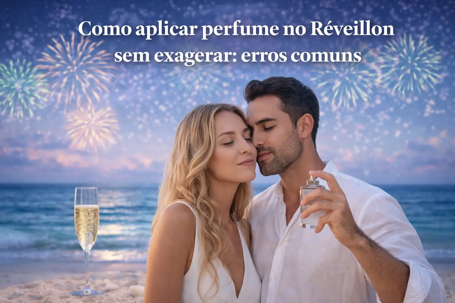 Como aplicar perfume no Réveillon sem exagerar em cenário de praia, com casal elegante, champanhe e fogos ao fundo.