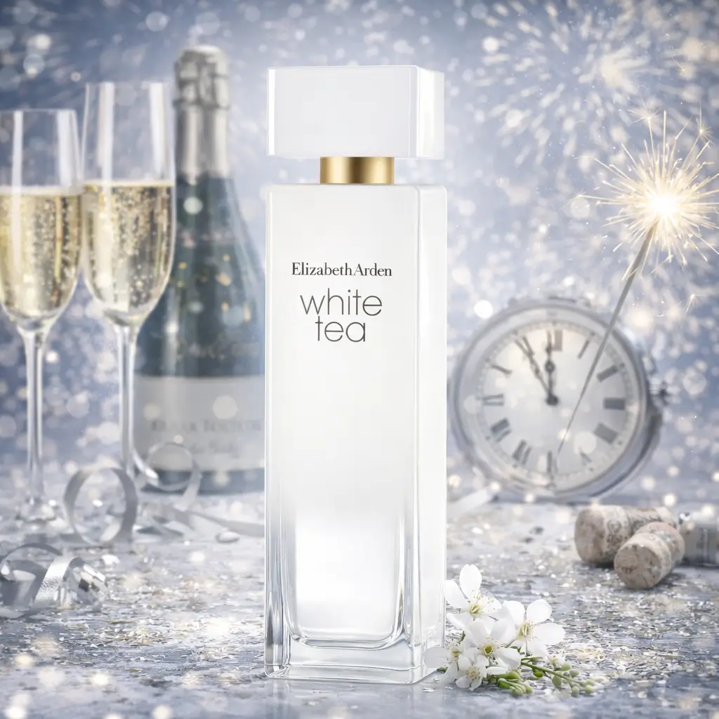 Reaplicar perfume no Réveillon com Elizabeth Arden White Tea em cenário elegante, leve e discreto para a virada do ano.