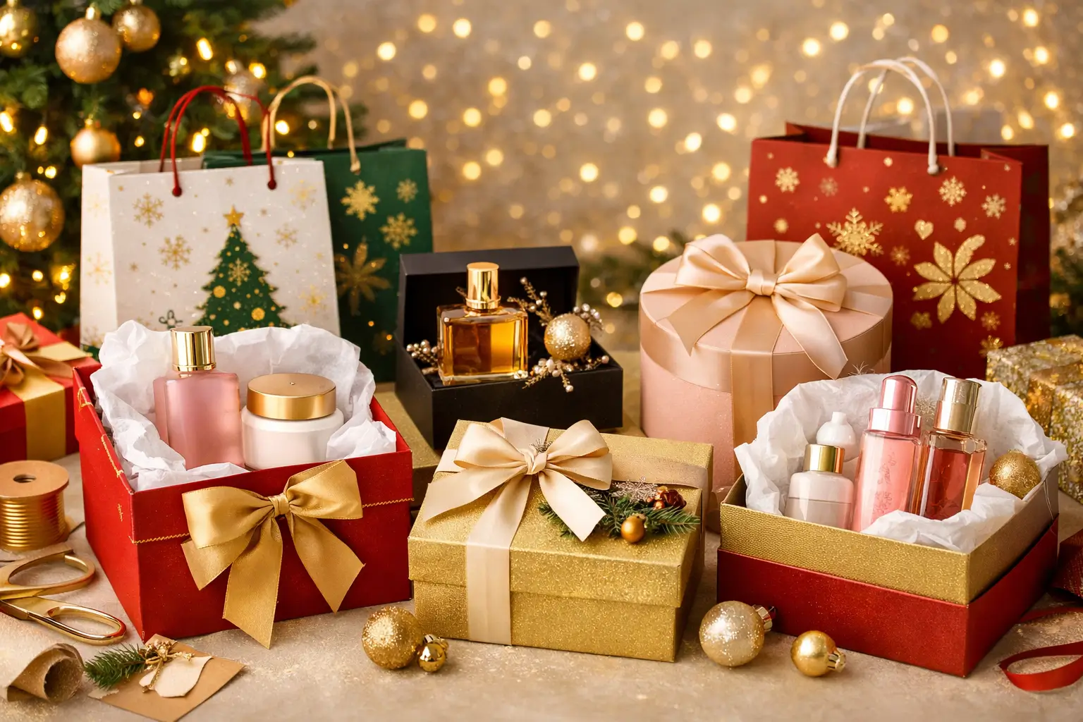 Embalagens de presente de beleza para o Natal 2025 com caixas, sacolas e laços dourados sobre mesa de madeira ao lado de árvore de Natal iluminada.