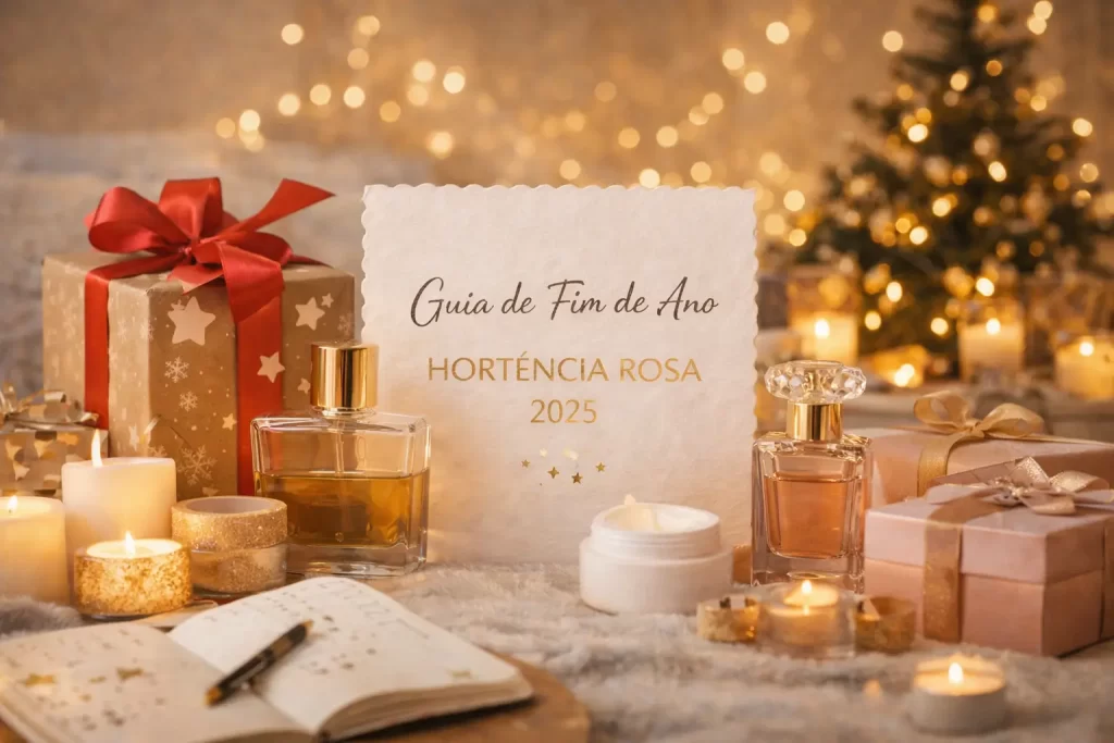 Banner do artigo Guia de Fim de Ano Hortência Rosa 2025 com perfumes, velas, presentes e cartão decorado em cenário natalino iluminado.
