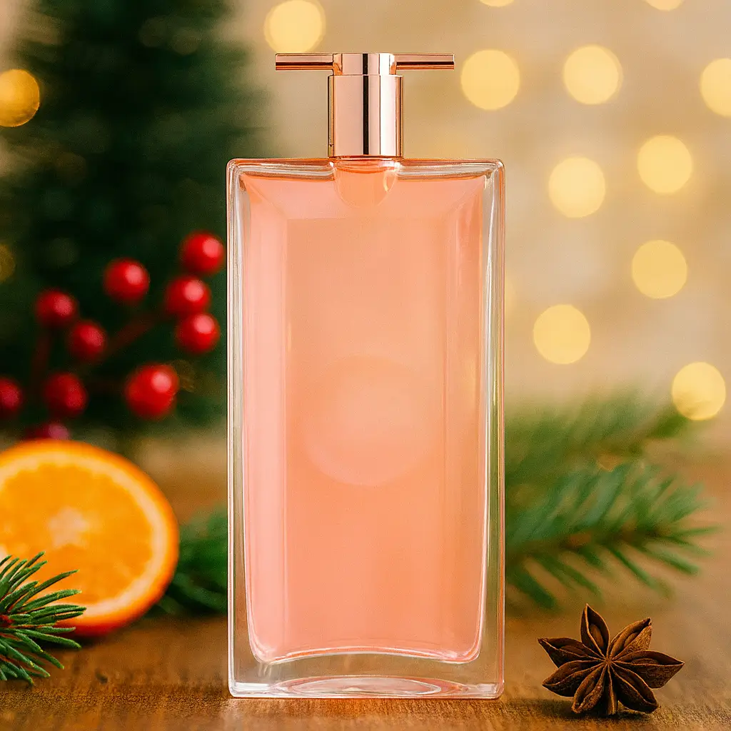 Perfume Lancôme Idôle em cenário de Natal com notas florais e cítricas