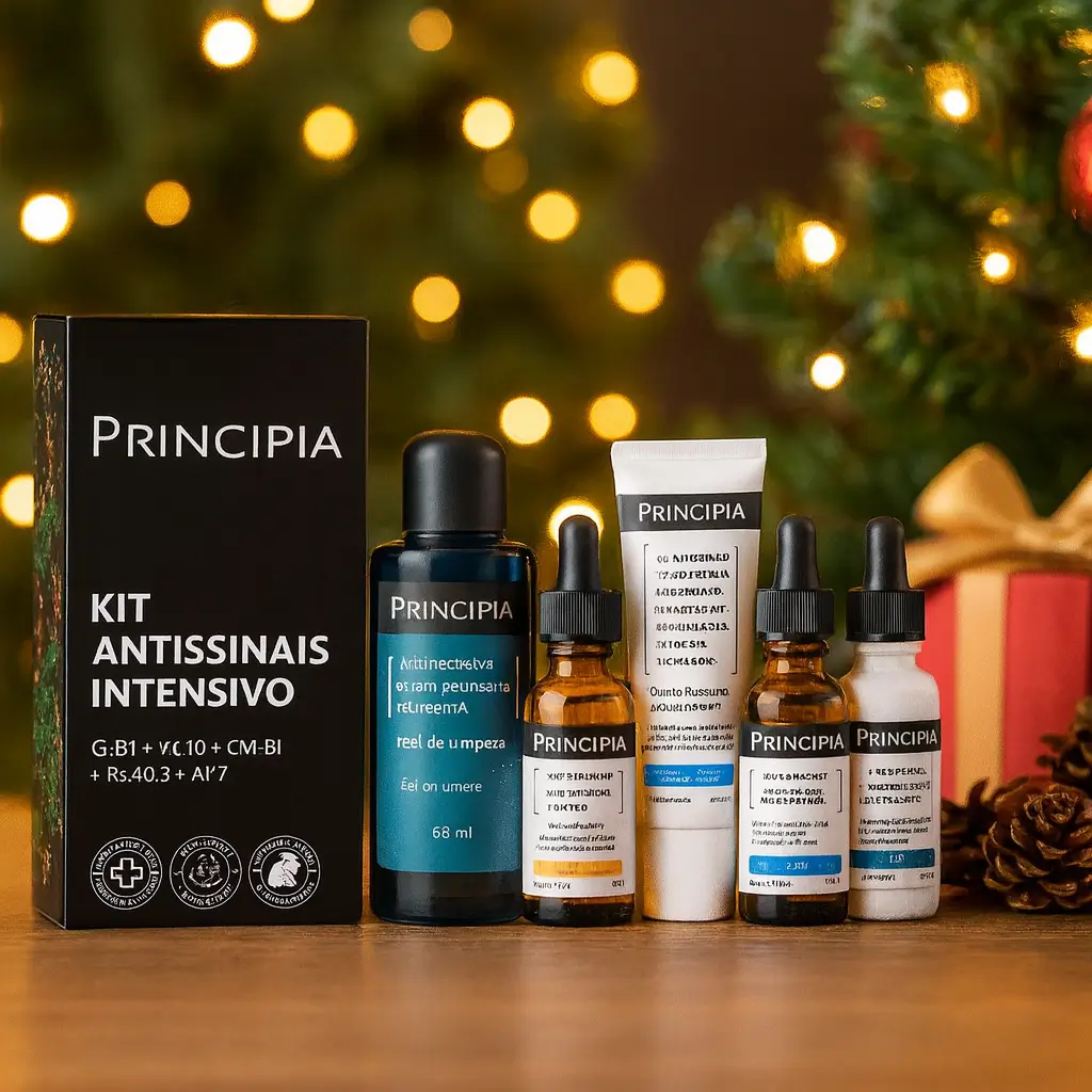 presente para mães vaidosas kit antissinais intensivo Principia com cinco produtos de skincare em cenário de Natal