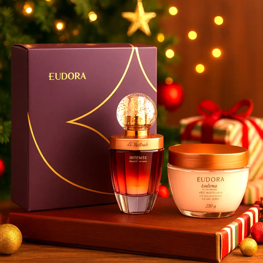 presente perfumado para namorada kit Eudora La Victorie Intense com perfume e creme em cenário de Natal
