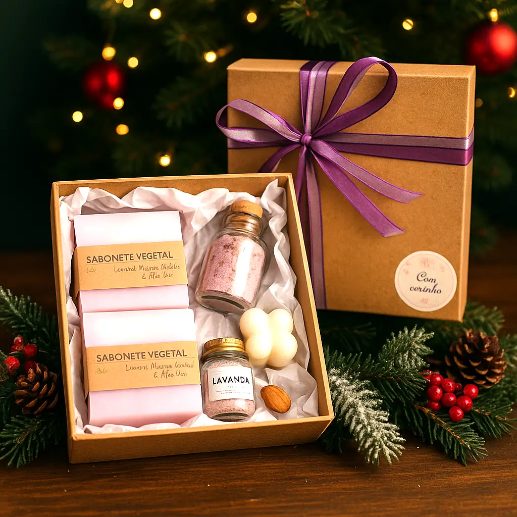 presentes de última hora de beleza kit presente premium lavanda com sabonetes velas e sais de banho em cenário de Natal