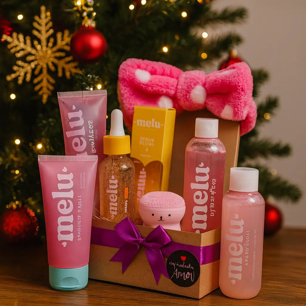 presente de amigo secreto de beleza kit skincare teen Melu Ruby Rose em cenário de Natal