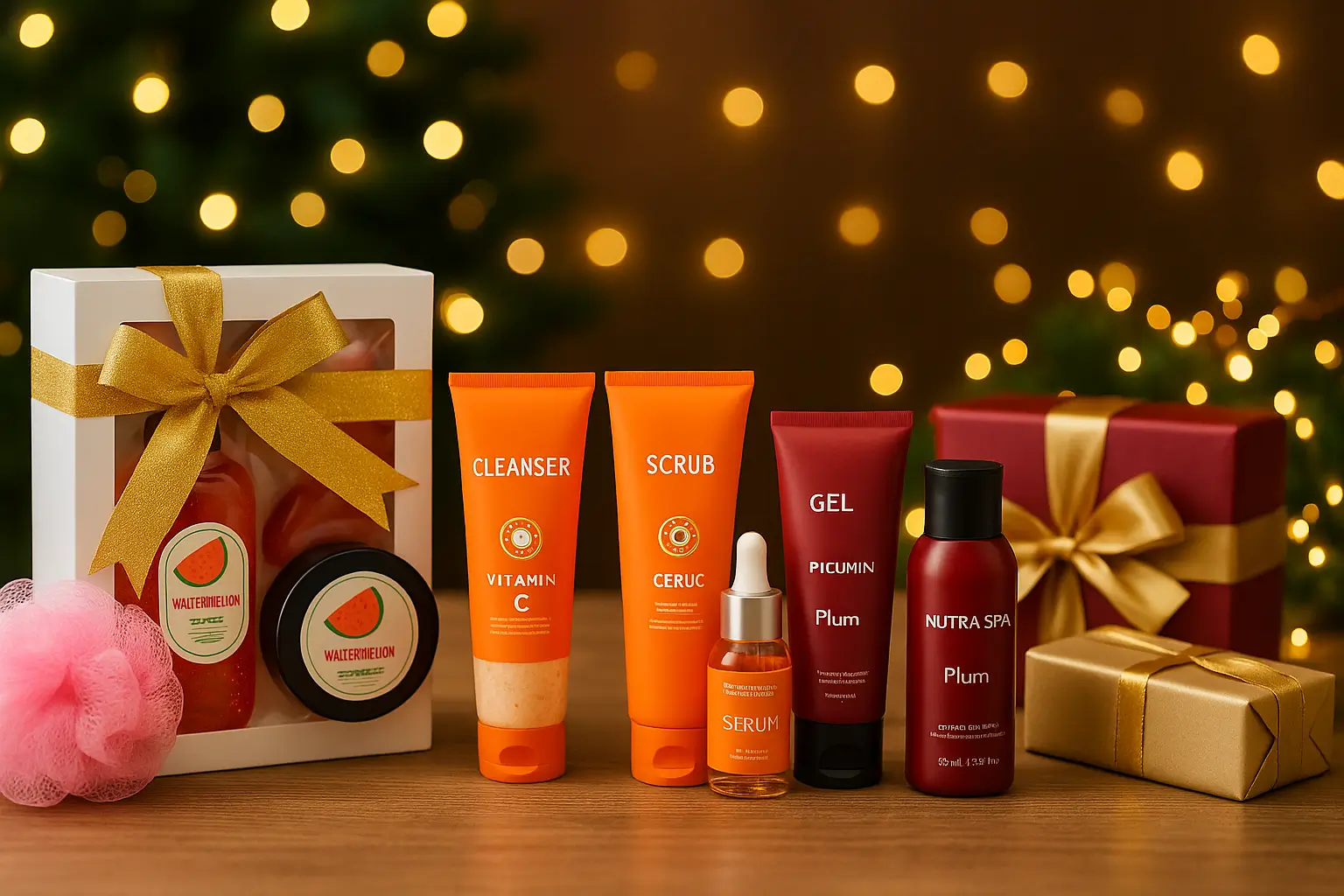 kits de autocuidado para o Natal com produtos de banho melancia skincare vitamina C e linha ameixa em cenário natalino.
