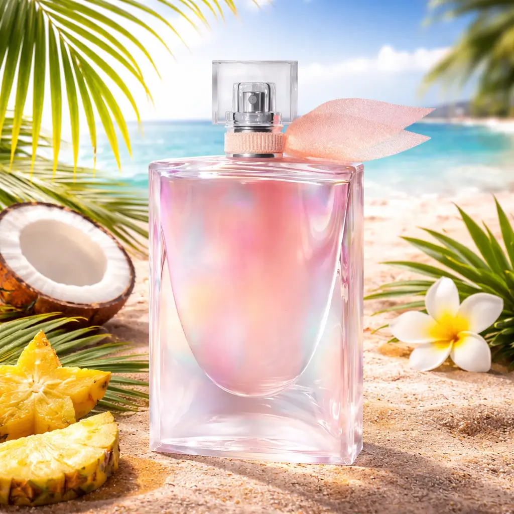 Lancôme La Vie Est Belle Soleil Cristal em cenário de verão, representando perfumes para o verão 2026 com frescor, luminosidade e sofisticação.