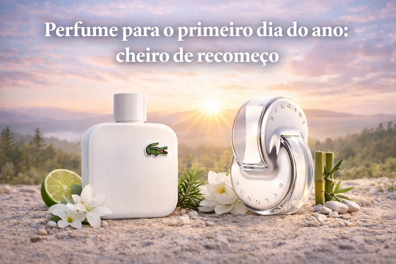 Perfume para o primeiro dia do ano em cenário de amanhecer, com fragrâncias leves que simbolizam recomeço e renovação.