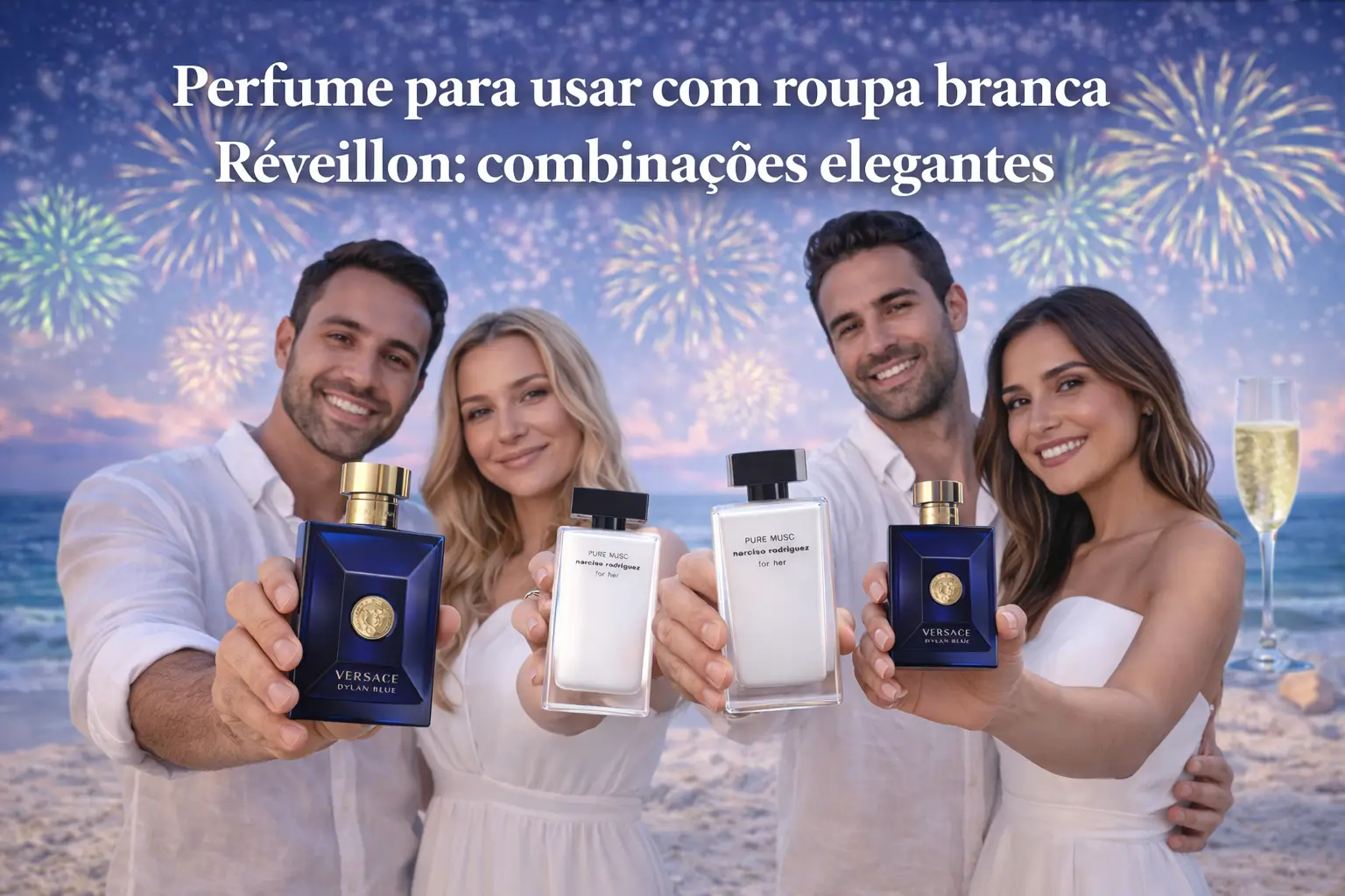 Perfume para usar com roupa branca Réveillon com pessoas vestidas de branco segurando fragrâncias elegantes na virada do ano.