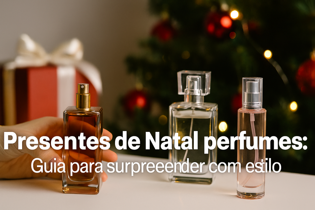 Frascos de perfume com temática natalina ao lado de enfeites de Natal, representando presentes de beleza para o fim de ano.