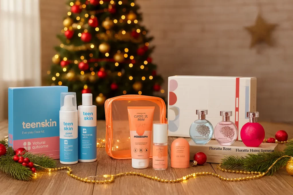 Presentes de beleza para adolescentes com kits Teen Skin, Cuide-se Bem Pessegura e Mini Floratta em cenário de Natal.
