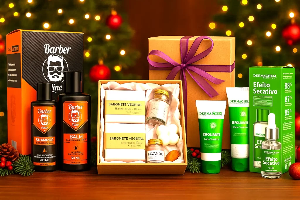 presentes de última hora de beleza com kits de Natal Barber Line, lavanda e skincare anti acne Dermachem
