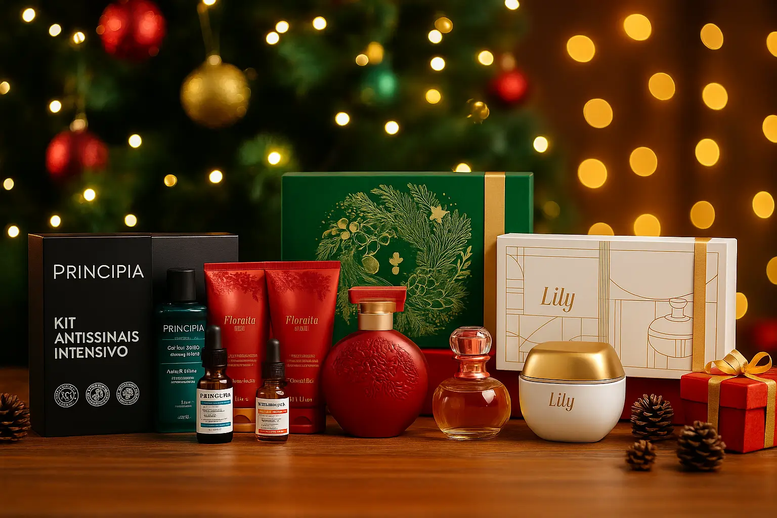 presentes para mães vaidosas com kits Lily Floratta Red e Principia em cenário de Natal