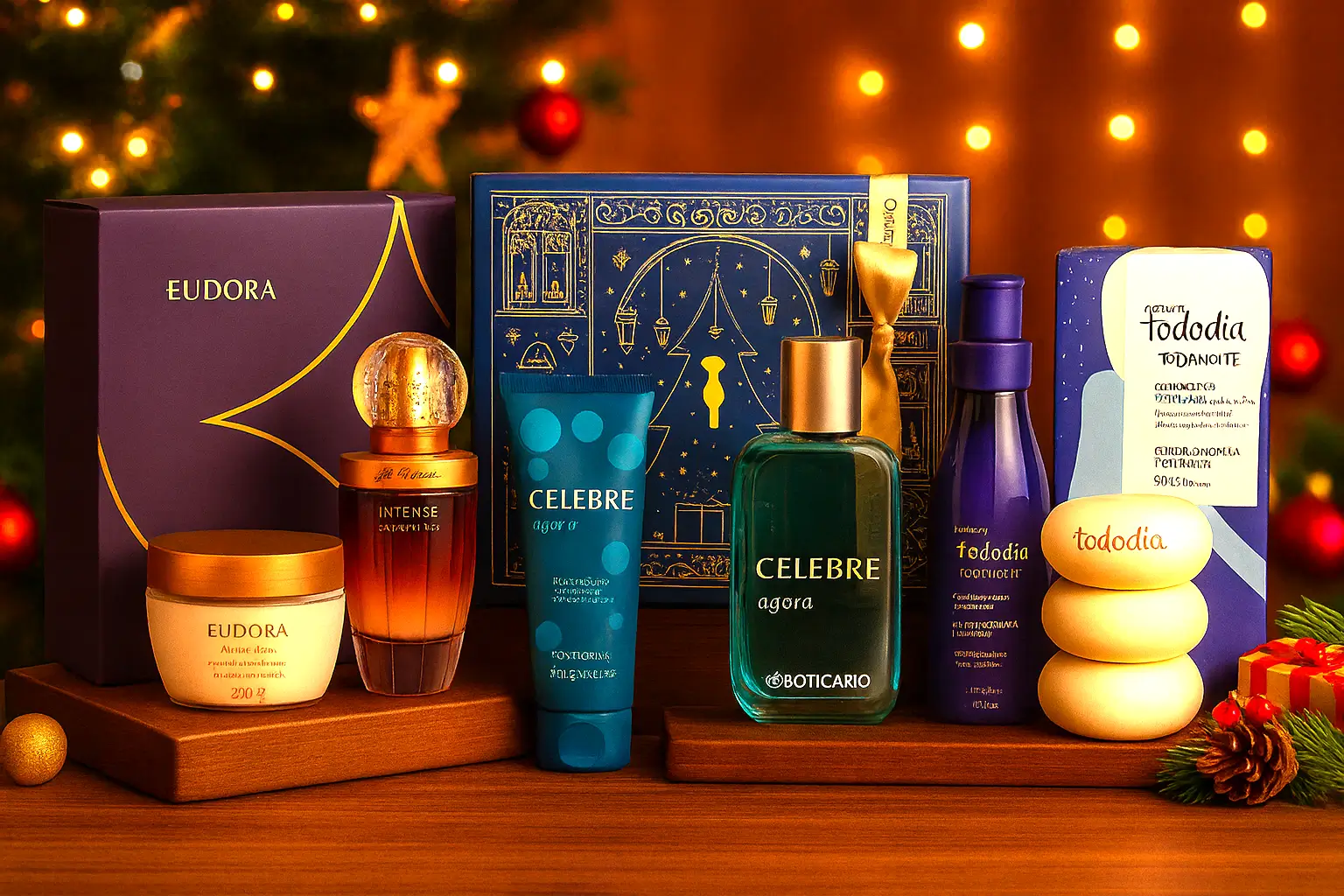 presentes perfumados para namorado(a) com kits Eudora La Victorie Intense Celebre Agora Masculino e Natura Tododia Todanoite em cenário de Natal