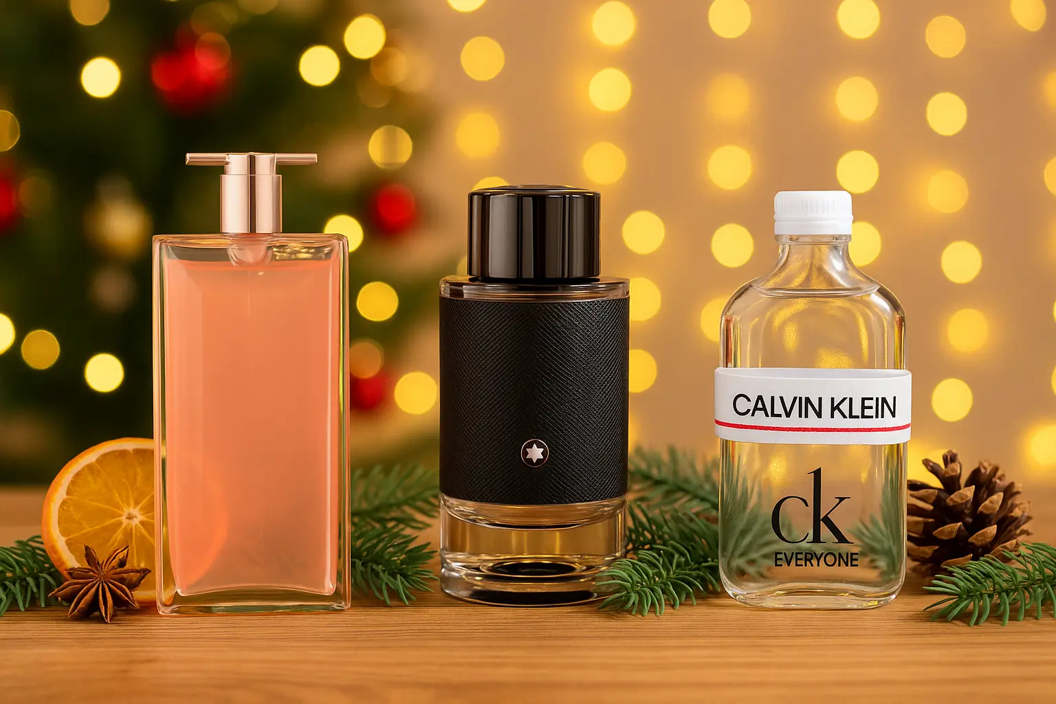 Perfumes para usar no Natal 2025: Idôle, Montblanc Explorer e CK Everyone em cenário natalino