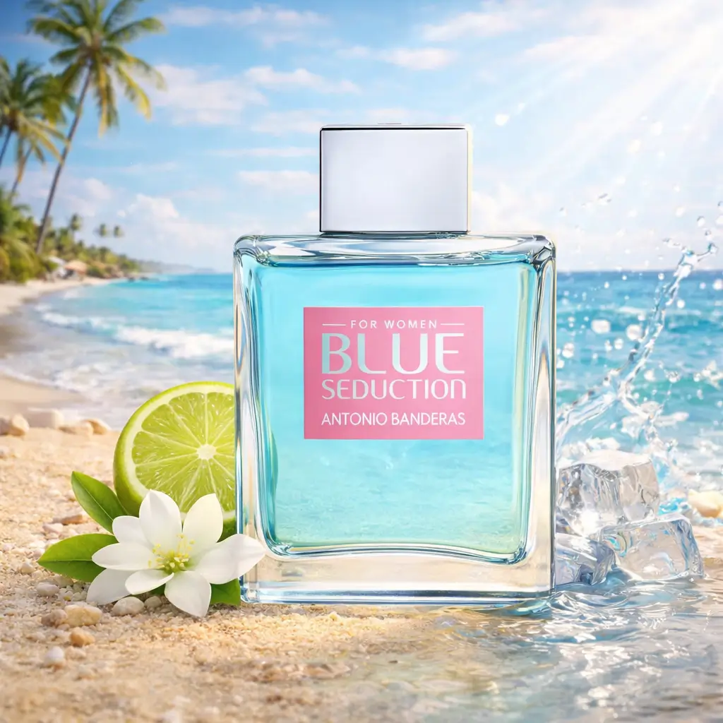 Perfume cítrico aquático Antonio Banderas Blue Seduction Woman em cenário de verão com notas frescas e aquáticas.