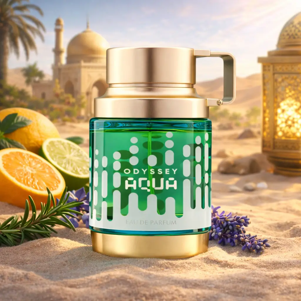 Perfume árabe no verão Armaf Odyssey Aqua em cenário árabe quente com notas frescas e aquáticas.