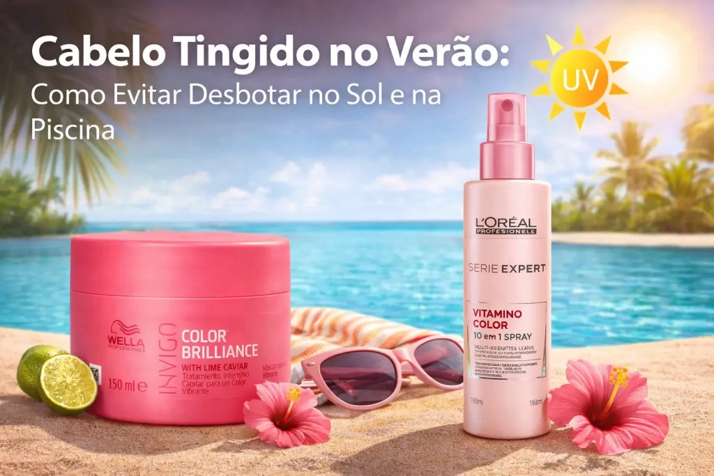 Cabelo tingido no verão com proteção contra sol e piscina, mantendo a cor vibrante e saudável