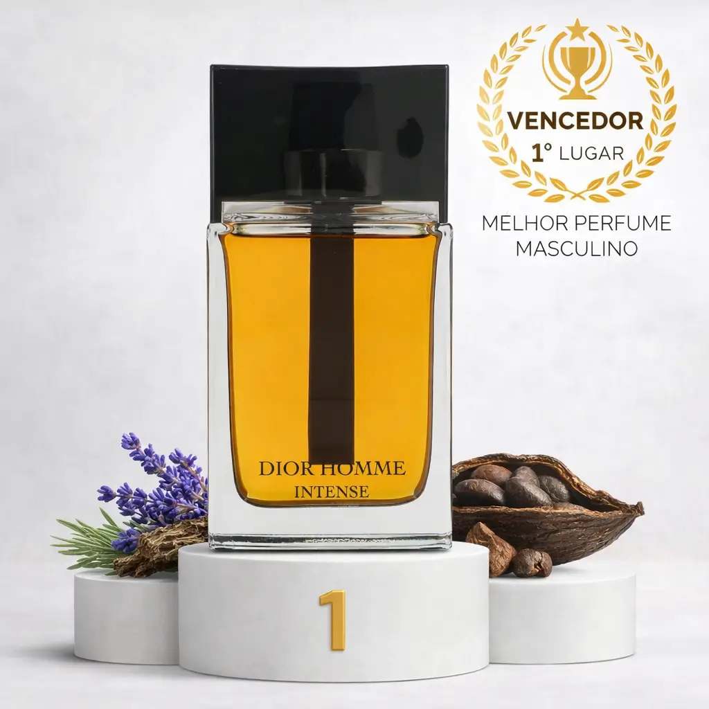 Perfume Dior Homme Intense no pódio com elementos aromáticos e selo de 1º lugar no Fragrantica Awards 2025.
