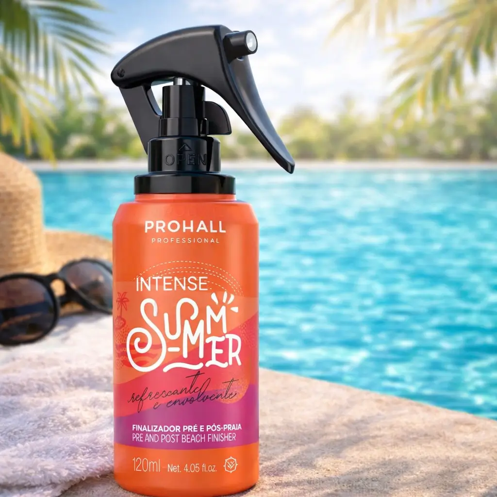 Protetor UV para cabelo Prohall Intense Summer em cenário de verão com sol, praia e fios protegidos.
