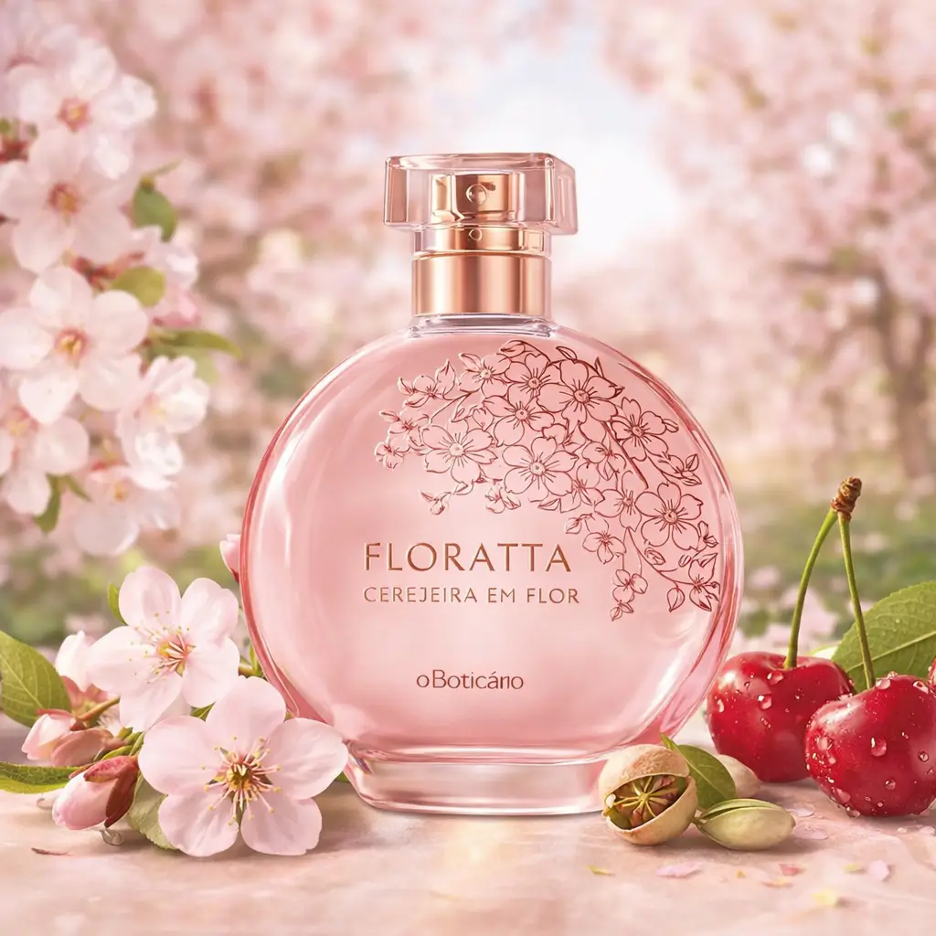 Perfume de cereja Floratta Cerejeira em Flor do Boticário em frasco delicado, com notas florais leves ideais para o verão.