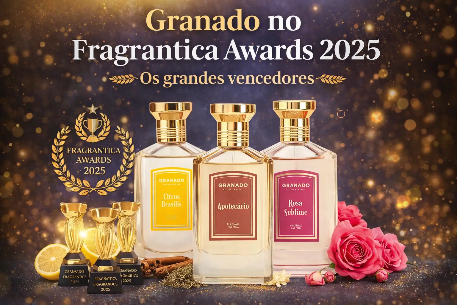 Perfumes vencedores da Granado no Fragrantica Awards 2025: Citrus Brasilis, Apotecário e Rosa Sublime com troféus dourados em fundo festivo.