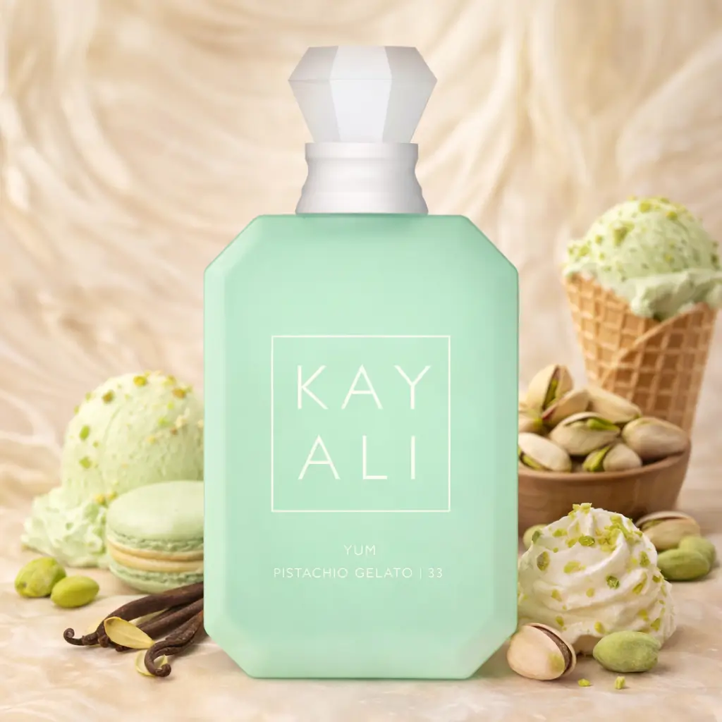 Perfume de pistache Kayali Yum Pistachio Gelato 33 em frasco verde, com notas gourmands em destaque