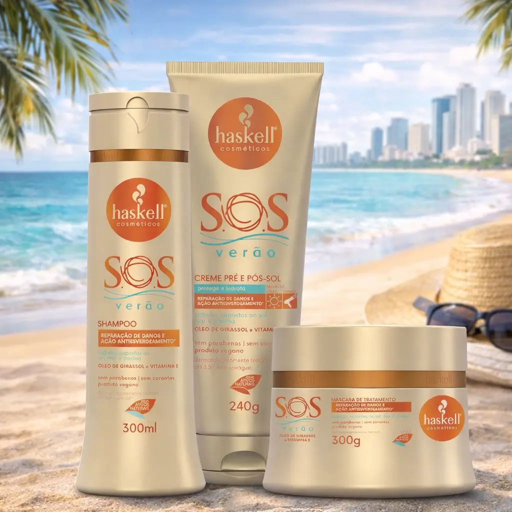 Cronograma capilar no verão com kit SOS Verão Haskell para hidratação, reparação e proteção dos fios na praia