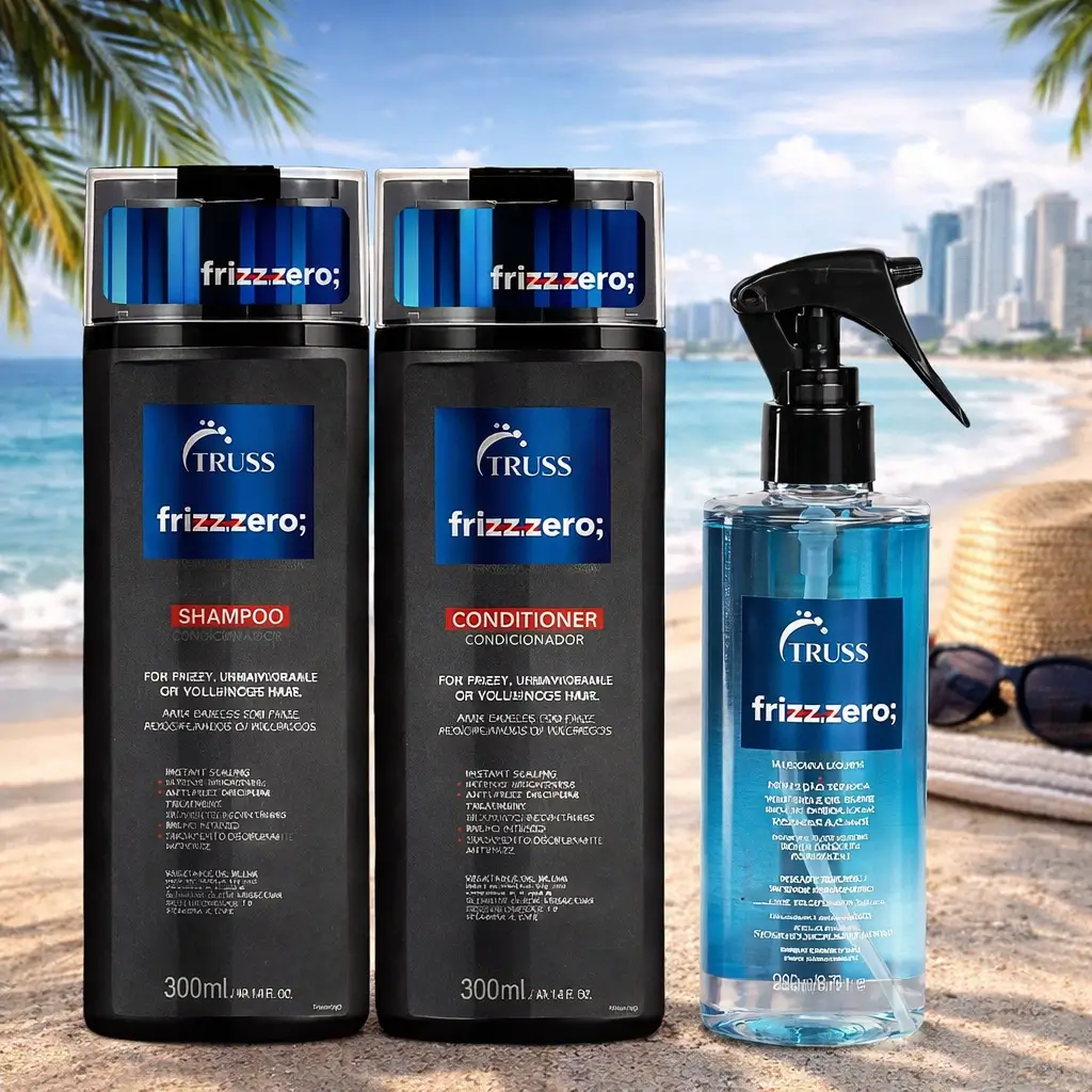 Frizz no verão com Kit Truss Frizz Zero para controle de frizz e brilho no calor.