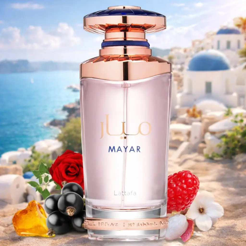 Perfume árabe feminino fresco Mayar Lattafa em cenário leve de verão com frutas, flores e sensação de frescor.