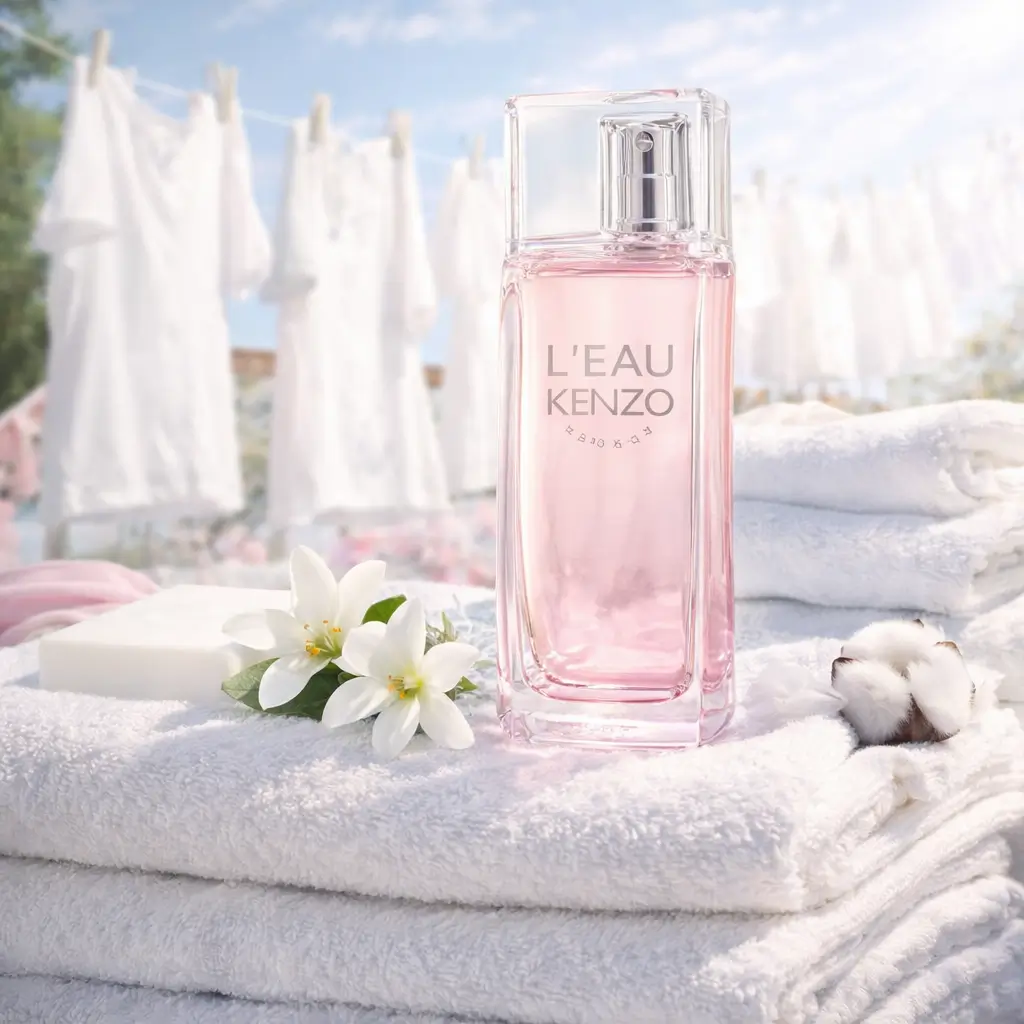 Perfume aldeído L’Eau Kenzo Glacée em cenário de roupas femininas limpas, com frescor leve ideal para o calor.