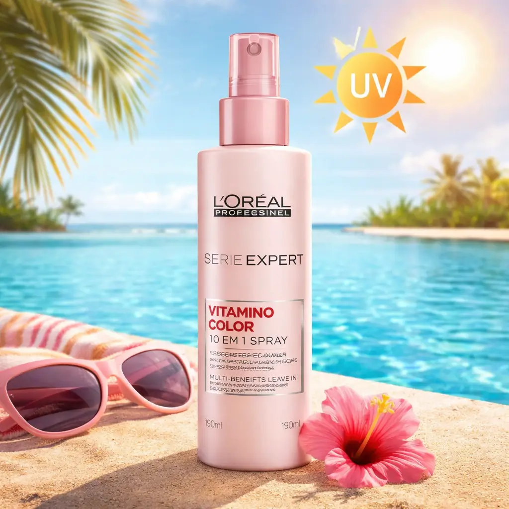 Cabelo Tingido no Verão: spray L’Oréal Professionnel Vitamino Color 10 em 1 protege a cor contra sol, piscina e desbotamento.