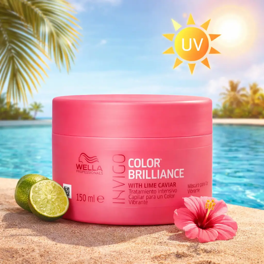 Máscara Wella Professionals Invigo Color Brilliance para cabelo tingido no verão, ajudando a manter a cor vibrante e protegida do sol e da piscina
