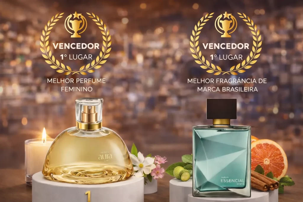 Perfumes Aura Alba e Essencial Sentir da Natura em pódios com selo de primeiro lugar no Natura no Fragrantica Awards 2025.