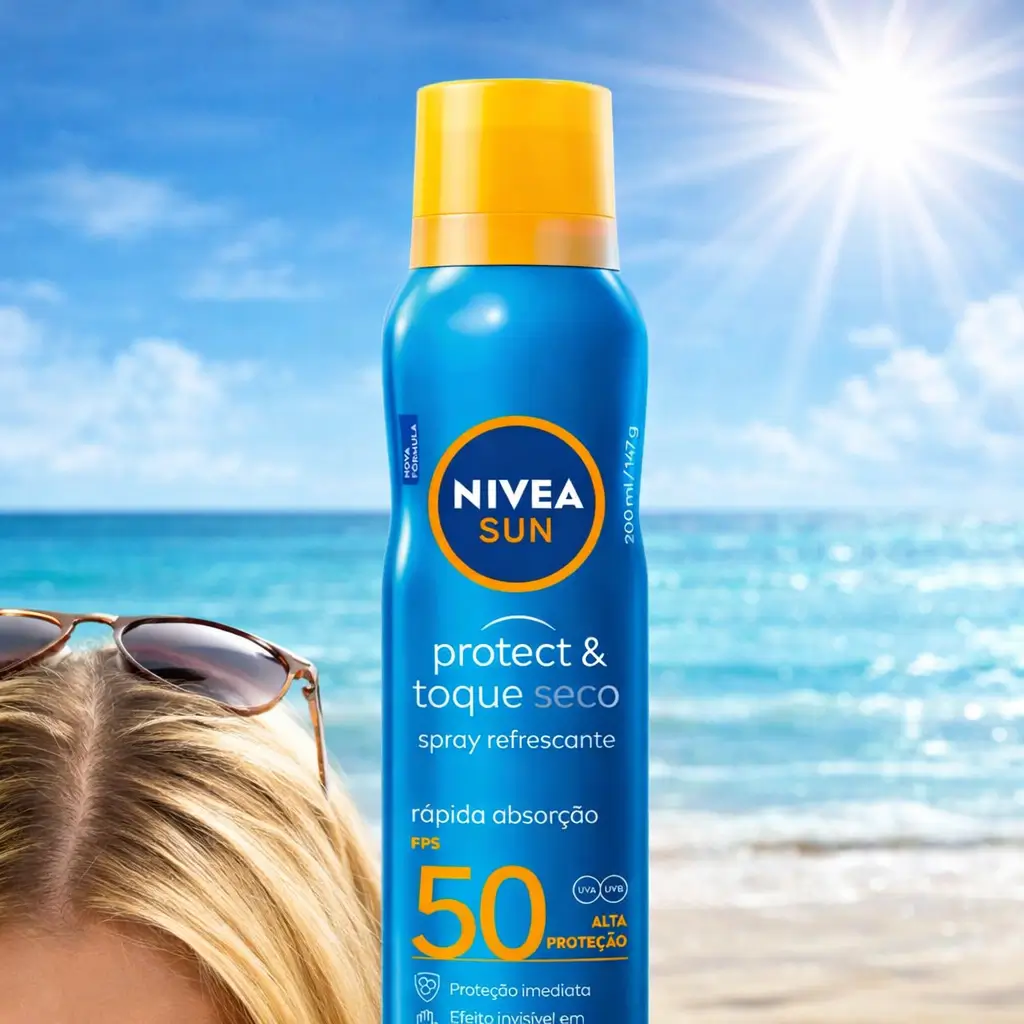 Sol na risca do cabelo com protetor solar spray Nivea Sun FPS 50 de toque seco e rápida absorção