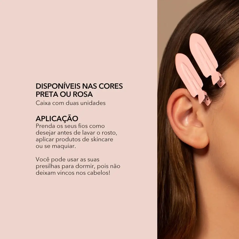 Presilhas Océane Hair Clip Edition rosa prendendo a lateral do cabelo, com texto informando que vêm 2 unidades e não deixam vinco nos fios.