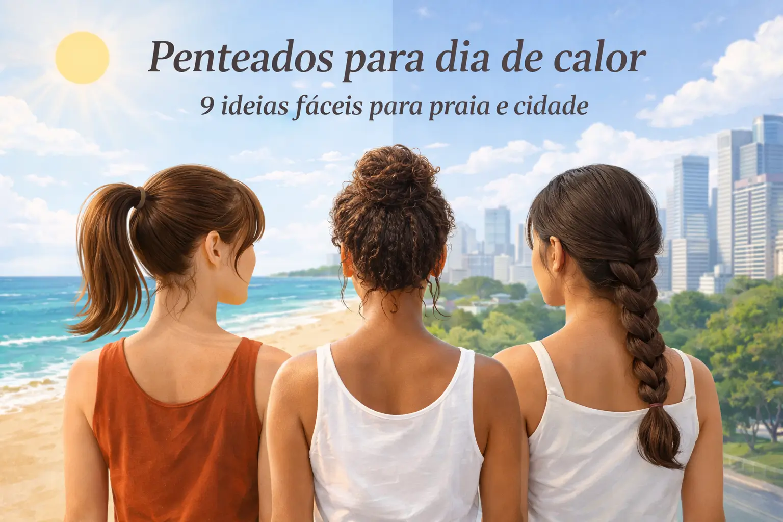 Imagem realista com mulheres de diferentes etnias usando penteados para dia de calor (coques, rabos e tranças), para inspirar ideias fáceis para praia e cidade.