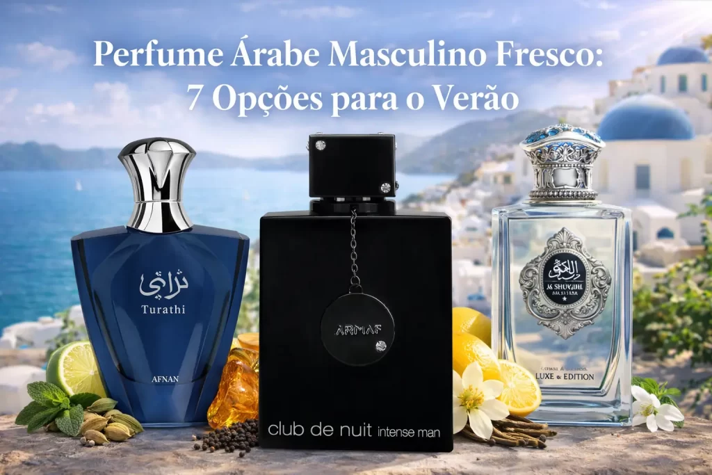 Perfume árabe masculino fresco em cenário de verão com fragrâncias leves, clima mediterrâneo e sensação de frescor.