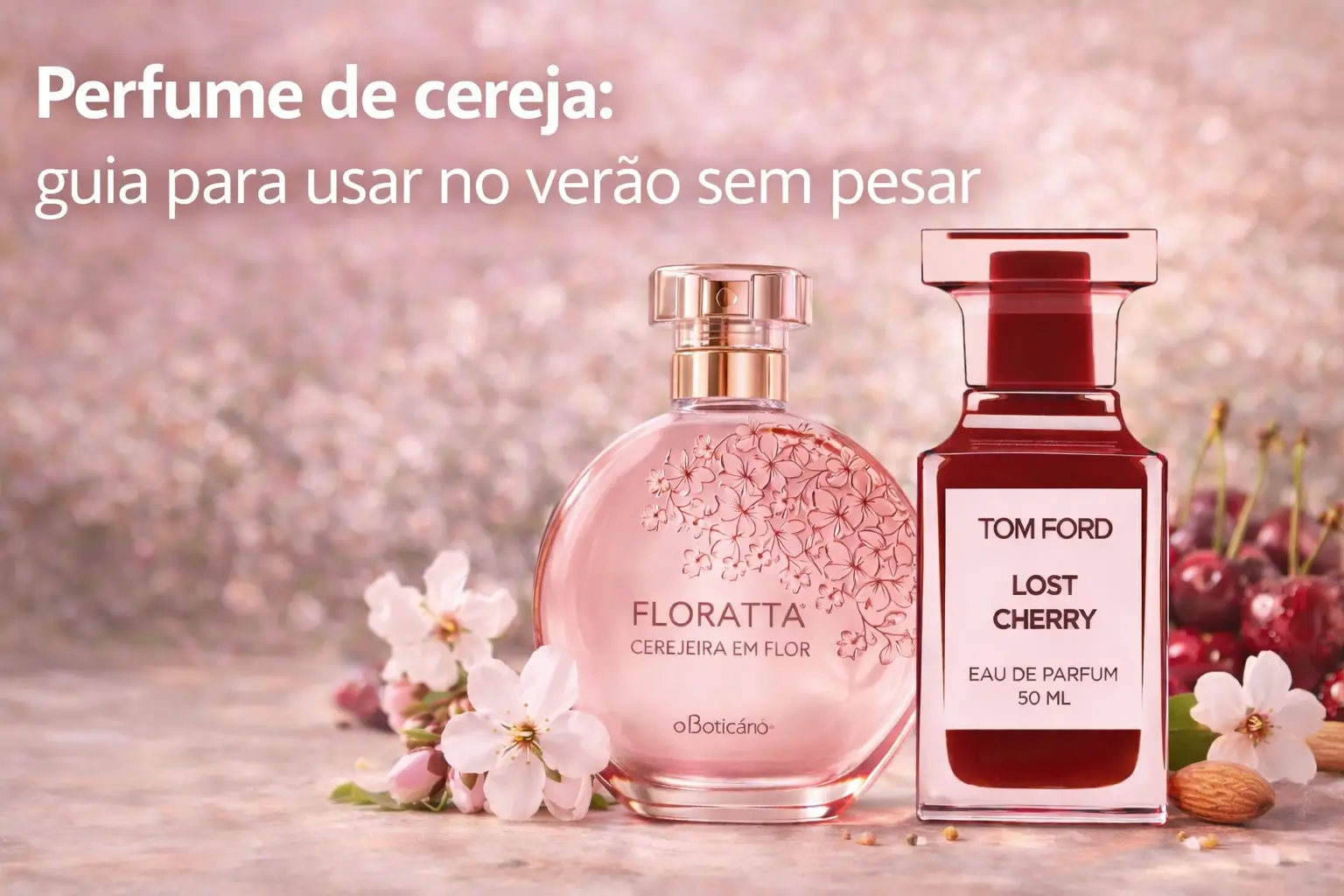 Perfume de cereja em destaque para o verão, com frasco elegante em cenário leve e luminoso, ideal para usar sem pesar nos dias quentes.