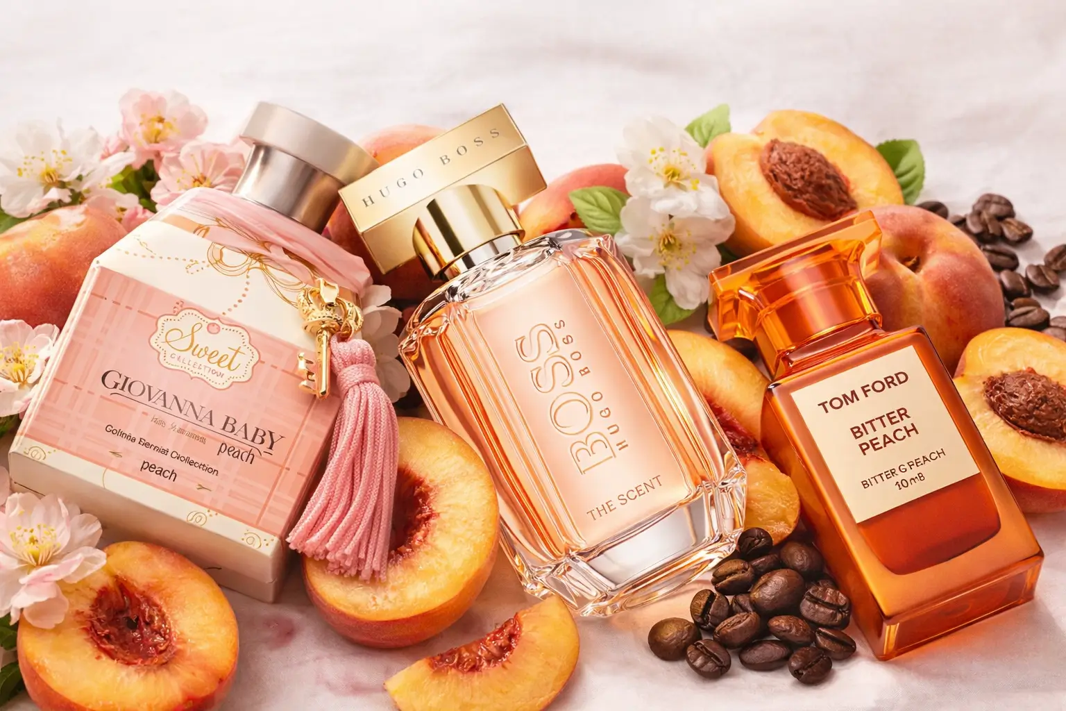 Perfumes de pêssego em destaque com frascos deitados, incluindo Giovanna Baby Peach, Hugo Boss The Scent For Her e Tom Ford Bitter Peach, cercados por pêssegos frescos e elementos olfativos.