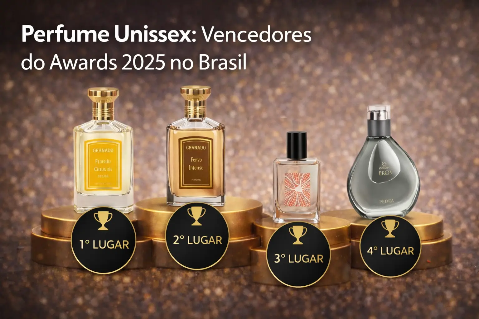 Perfume unissex vencedor do Awards 2025 no Brasil em pódio com Citrus Brasilis, Fervo Intenso, Entrelaço e Ekos Pedra