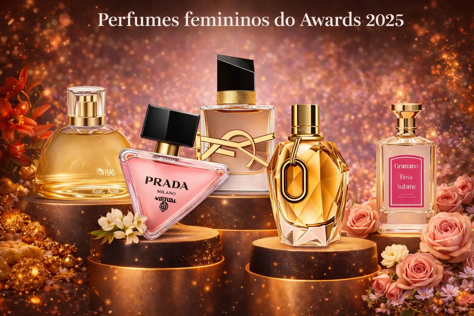 Perfumes femininos do Awards 2025 em pódio com cinco fragrâncias destaque cercadas por flores e elementos olfativos