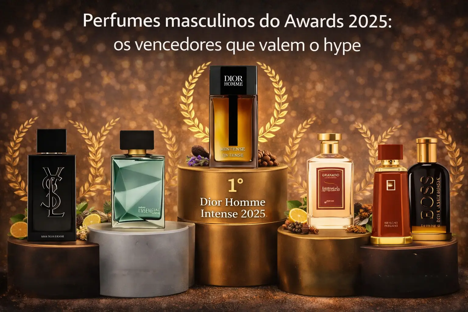 Perfumes masculinos do Awards 2025 organizados em pódios, com Dior Homme Intense em primeiro lugar, seguidos por Essencial Sentir Natura, Apotecário Granado, MYSLF Yves Saint Laurent, Liquid Brun e BOSS Bottled Absolu.