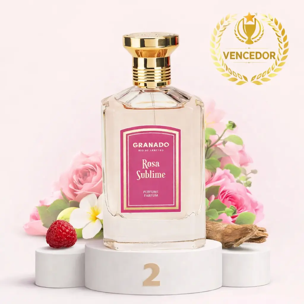 Perfume Rosa Sublime da Granado no Fragrantica Awards 2025 em destaque sobre pódio com notas florais e selo de vencedor.
