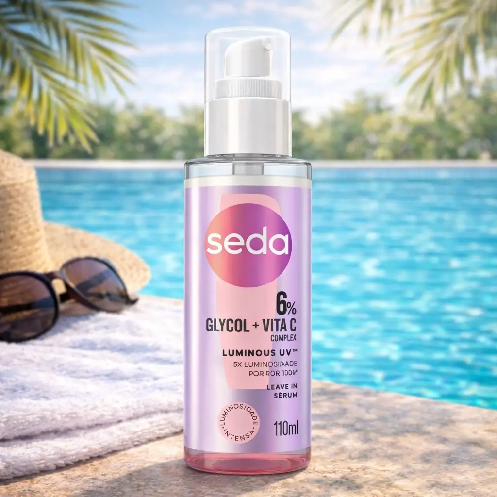 Leave-in no verão Seda Luminous UV com proteção solar e brilho leve para os cabelos.