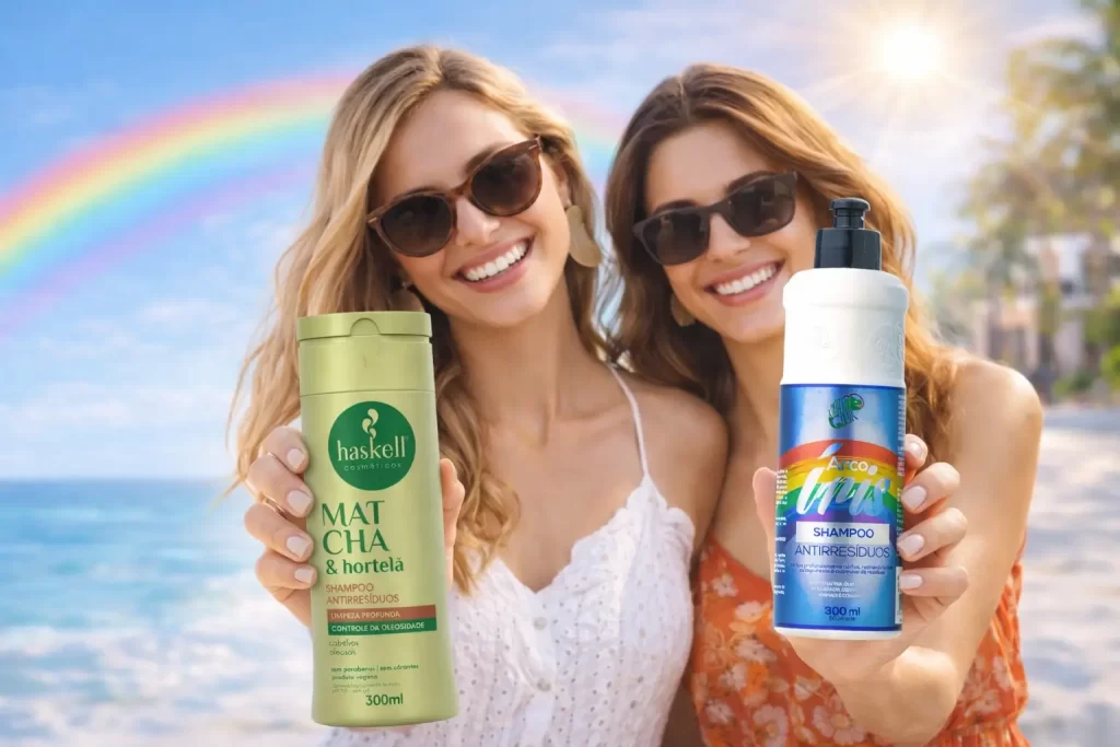 Shampoo antirresíduo no verão em destaque, com mulheres de vestido leve segurando frascos de shampoo, cenário ensolarado e arco-íris discreto ao fundo.