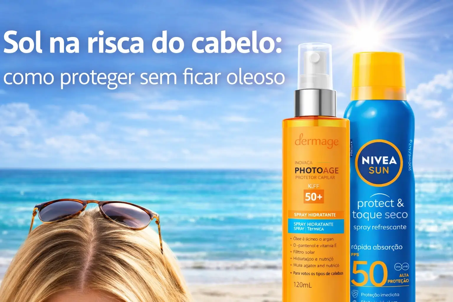 Alt text: Protetores solares em spray para proteger do sol na risca do cabelo sem deixar oleoso