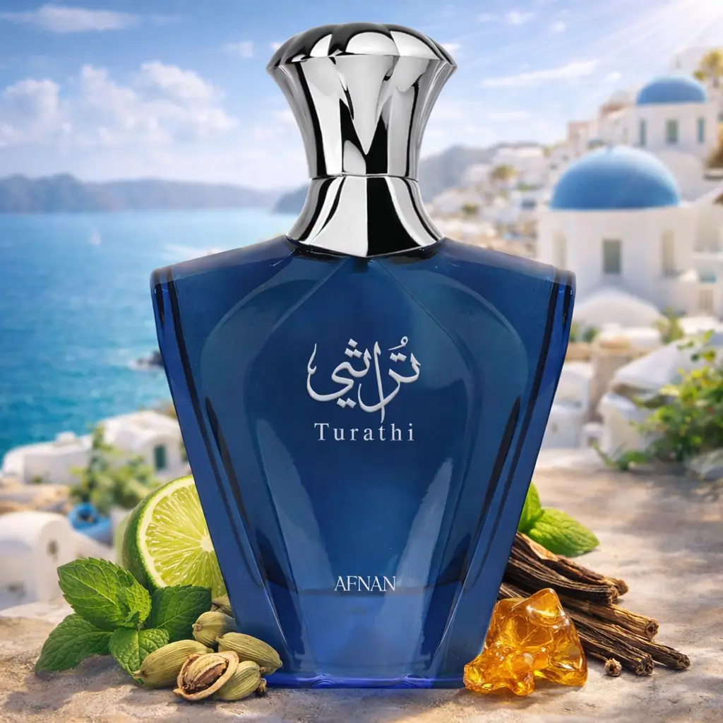 Perfume árabe masculino fresco Turathi Blue Afnan em cenário de verão com notas cítricas, ervas e frescor.